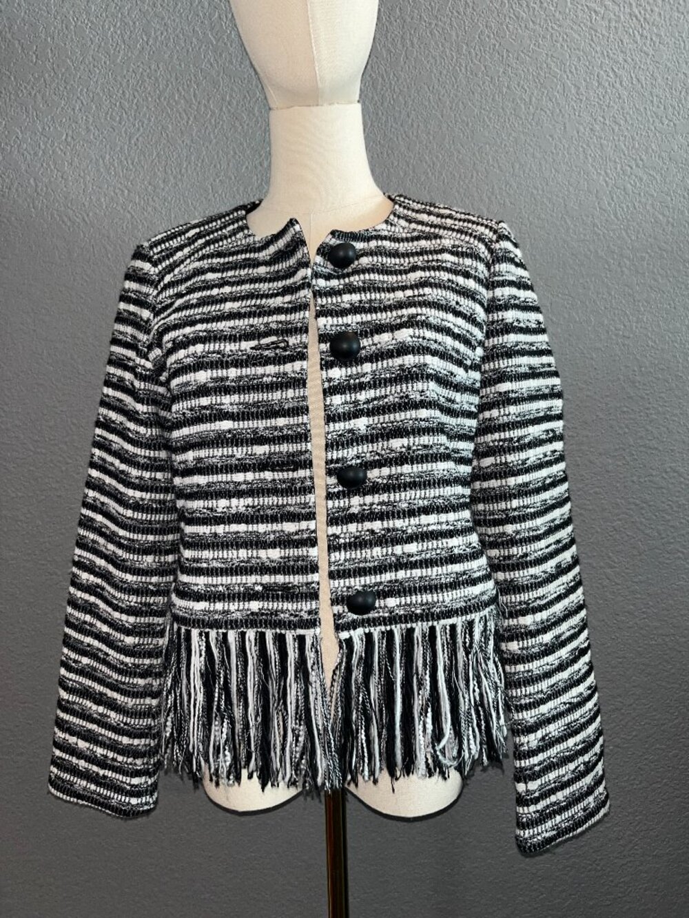 Nanette Lepore Black and White Stripe Tweed Fringe Hem Cropped Jacket - EUC - 6